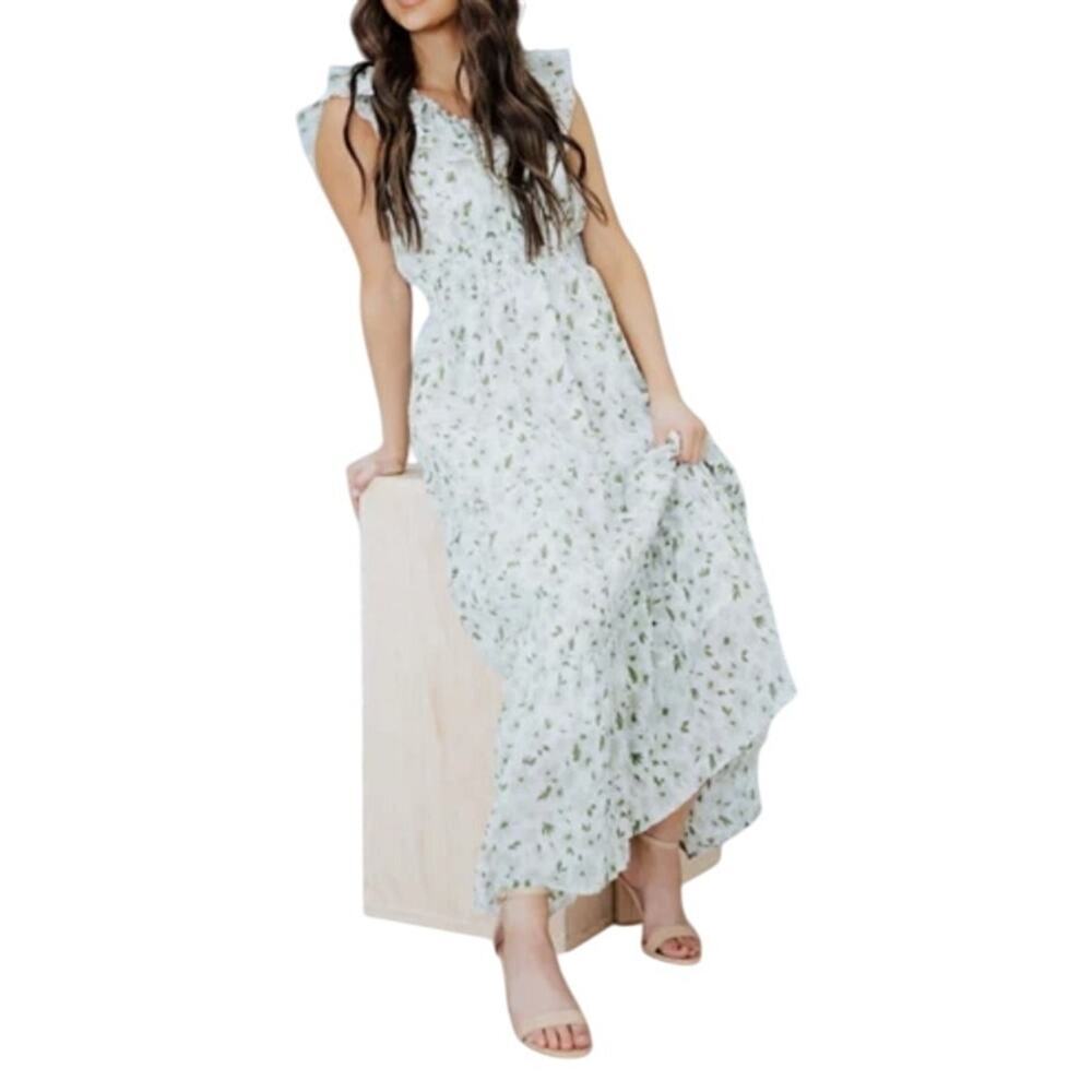 Mikarose The York Maxi Dress White/Green Floral Flutter Sleeve Dress Women Sz S - Picture 3 of 16